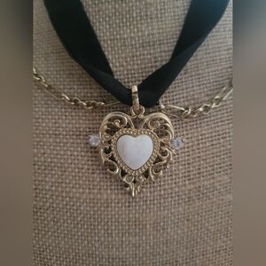 Gold and White Heart Pendant Choker Necklace